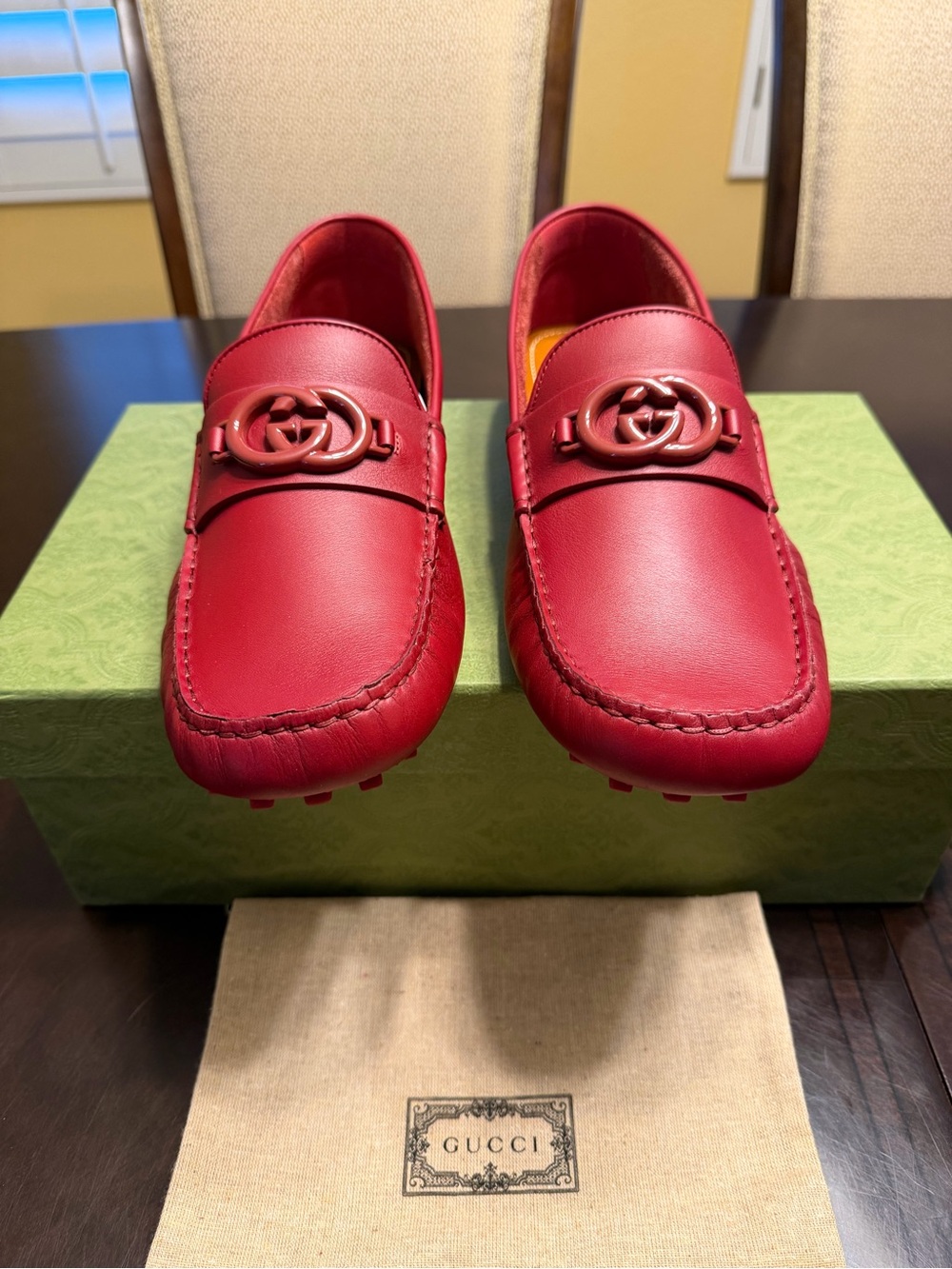 New Authentic Gucci GG logo Loafers Drivers
Burgundy Leather Shoes UK 12 US 12.5